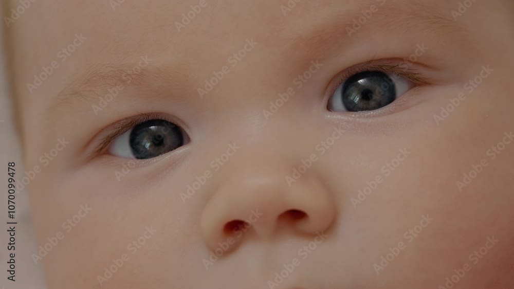 Extreme close up of newborn infant baby face awake calm and innocent looking up. Amazed little infancy child eyes showing emotion. Extreme close up of newborn infant baby face awake calm and innocent looking up. Amazed little infancy child eyes showing emotion.