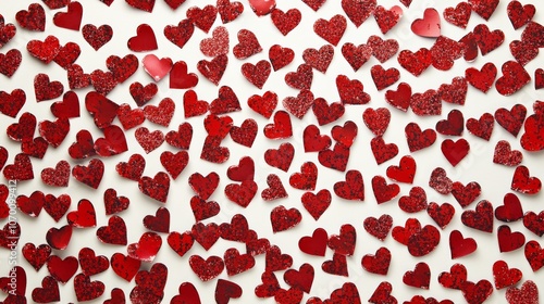 An arrangement of red glitter hearts on a cream background, this image exudes love and celebration with a charming and artistic touch that's visually delightful. photo