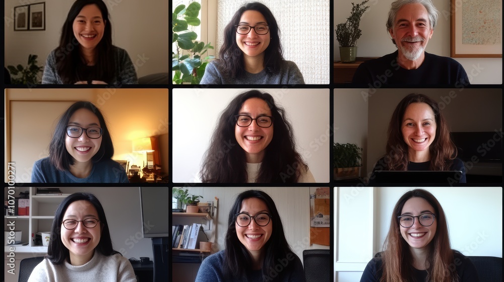 Nine smiling individuals in a cheerful video call montage, diverse backgrounds and expressions. Nine smiling individuals in a cheerful video call montage, diverse backgrounds and expressions.