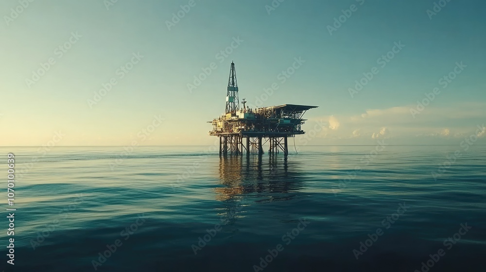 Expansive ocean view with an offshore oil rig centered, showcasing the rig's magnitude and isolation in the calm sea waters. Expansive ocean view with an offshore oil rig centered, showcasing the rig's magnitude and isolation in the calm sea waters.