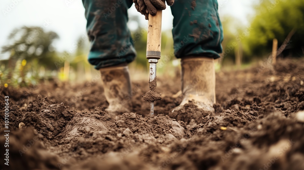 A gardener uses a tool to cultivate soil in a rural garden during a sunny afternoon A gardener uses a tool to cultivate soil in a rural garden during a sunny afternoon