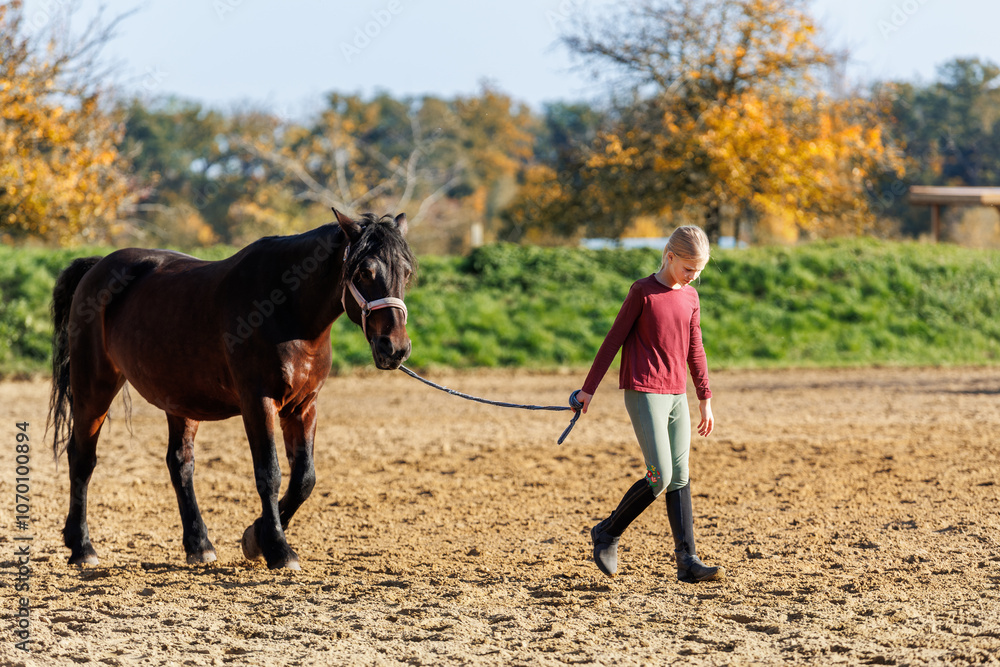 Φωτογραφία Young little teenager kid girl leading chestnut horse through stable ranch yard