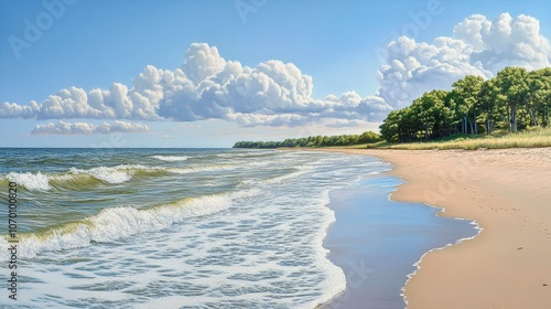 Expansive sandy shore with gentle waves, golden sand, and a radiant sky on a warm, sunny day.