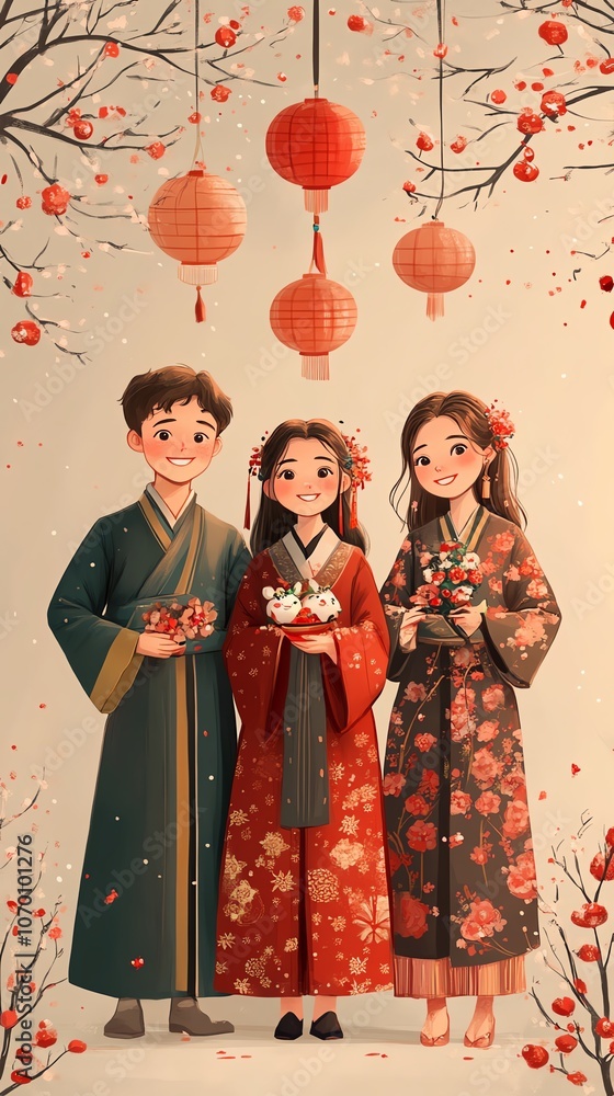 Obraz premium Three people in traditional Chinese clothing, lanterns, and blossoms.