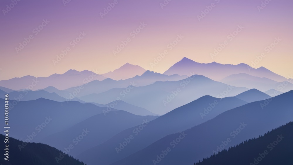 Fototapeta premium Stunning purple mountain landscape at dawn, showcasing a serene blend of layers and hues. Perfect for nature, travel, and relaxation themes