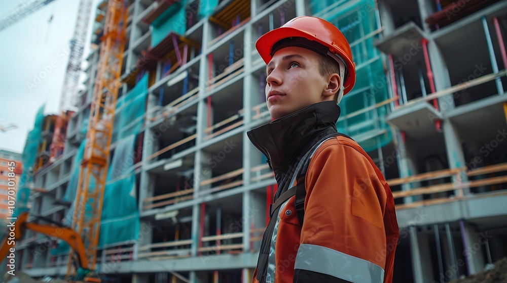 Thoughtful young construction worker looking up at building under construction. Dreams of becoming a great architect. Thoughtful young construction worker looking up at building under construction. Dreams of becoming a great architect.