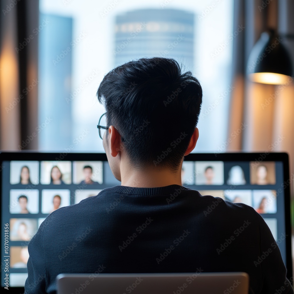 Young Asian male working at a computer, engaged in a virtual meeting indoors. Young Asian male working at a computer, engaged in a virtual meeting indoors.