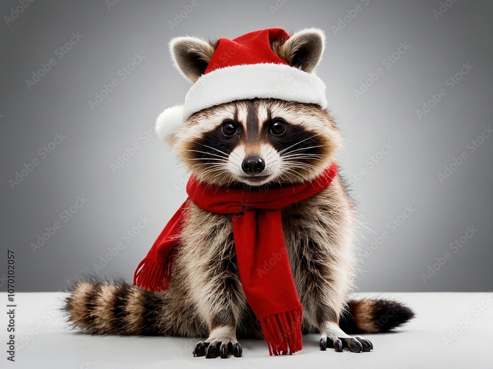 Christmas illustration of a cute chubby fluffy raccoon wearing red Santa Claus hat and scarf, sitting isolated against a light blue background. Vintage Xmas New Year season post card artwork. Christmas illustration of a cute chubby fluffy raccoon wearing red Santa Claus hat and scarf, sitting isolated against a light blue background. Vintage Xmas New Year season post card artwork.