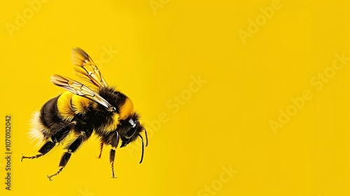 A bee hovers in mid-air against a bright yellow background. The bee is black and yellow, with a fuzzy body and large wings. photo