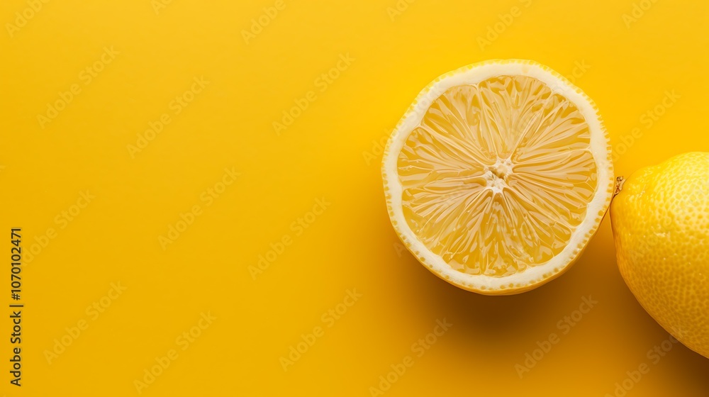 A lemon cut in half on a bright yellow background. A lemon cut in half on a bright yellow background.