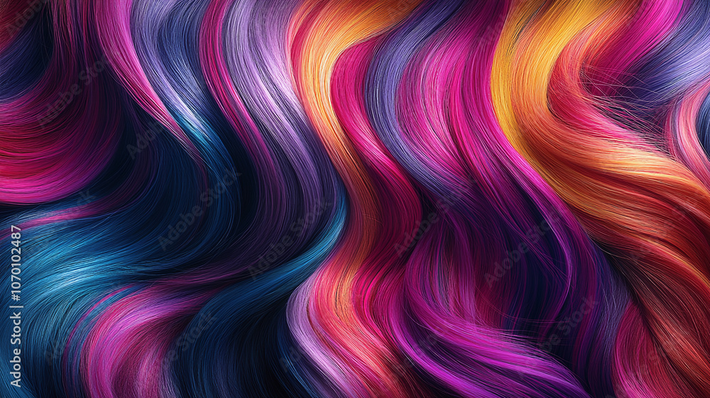Vibrant, wavy hair dyed in multicolored hues of pink, purple, and blue. Eye-catching and dynamic hairstyle perfect for beauty, fashion, and bold style concepts. Vibrant, wavy hair dyed in multicolored hues of pink, purple, and blue. Eye-catching and dynamic hairstyle perfect for beauty, fashion, and bold style concepts.