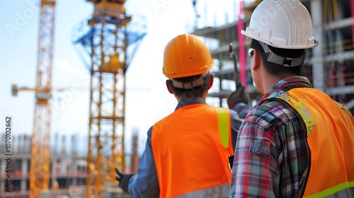 Two construction workers wearing hard hats and safety vests are standing at a construction site. They are looking at the progress of the work.