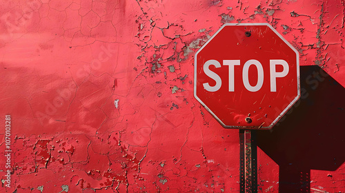 A red stop sign stands in front of a red wall. The sign is made of metal and has white lettering. The wall is made of concrete and is painted red. photo