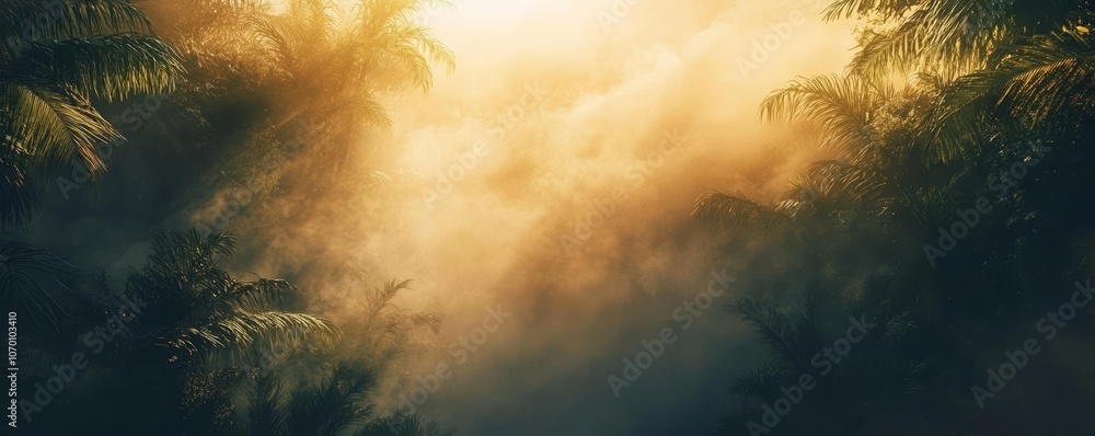 Golden sunlight streaming through fog over lush jungle canopy, breathtaking nature scenery Golden sunlight streaming through fog over lush jungle canopy, breathtaking nature scenery