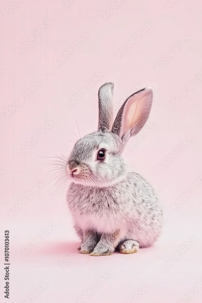 Bunny with one ear up, one down, isolated on light pink backdrop Bunny with one ear up, one down, isolated on light pink backdrop