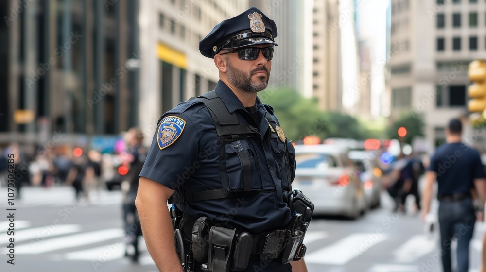 A police officer walking through urban streets, ensuring safety and observing surroundings. AI generated A police officer walking through urban streets, ensuring safety and observing surroundings. AI generated