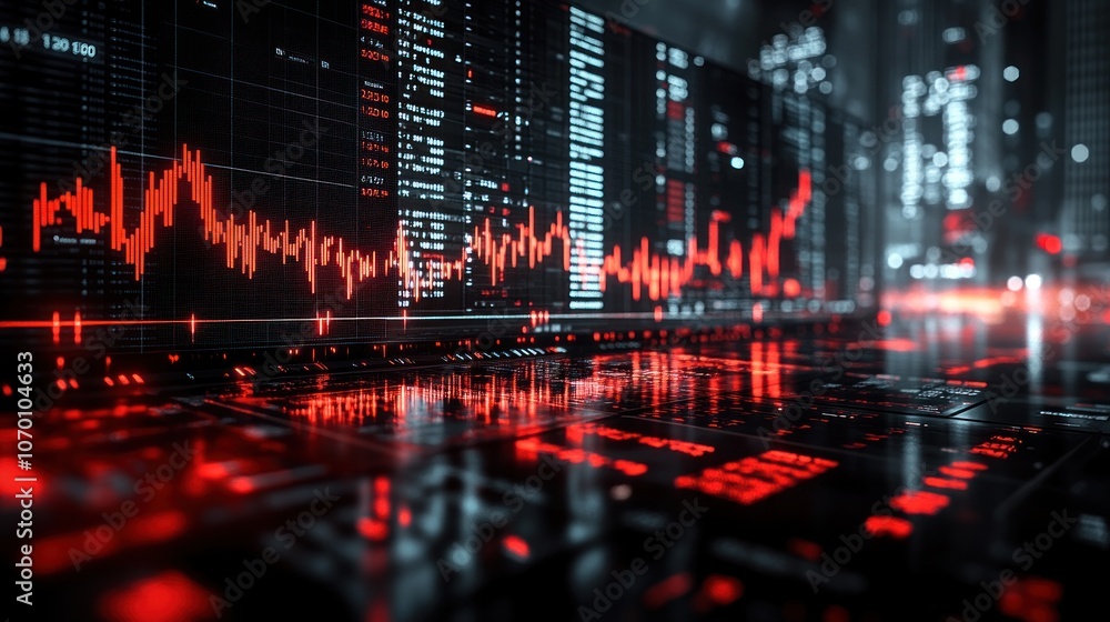 Digital data visualization with red graphs and circuit patterns. Digital data visualization with red graphs and circuit patterns.