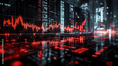 Digital data visualization with red graphs and circuit patterns.