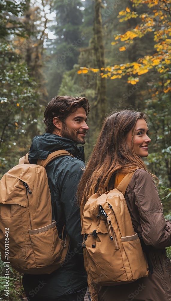 Couple hiking through a misty forest. Couple hiking through a misty forest.