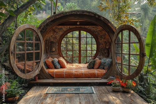 Secluded Wooden Nook with Circular Window and Cushioned Seat