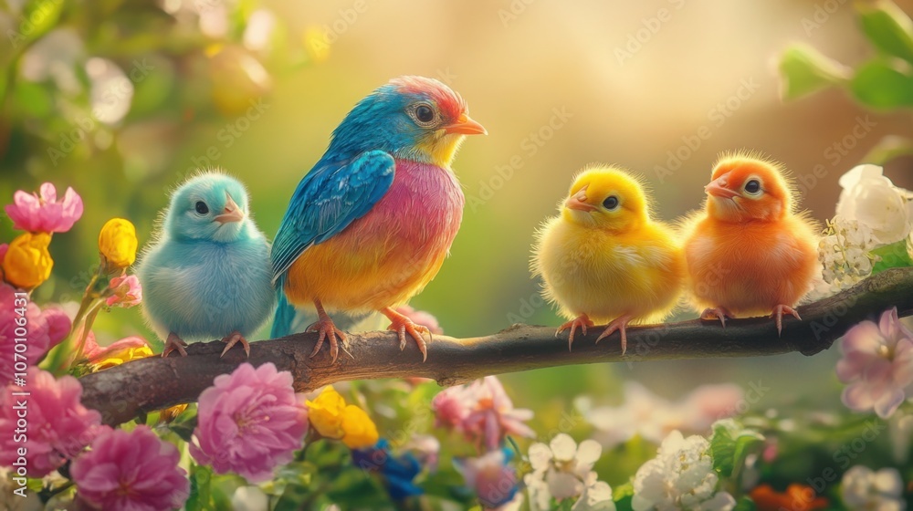 a colorful bird sitting on a blooming branch beside two cute baby chicks a colorful bird sitting on a blooming branch beside two cute baby chicks