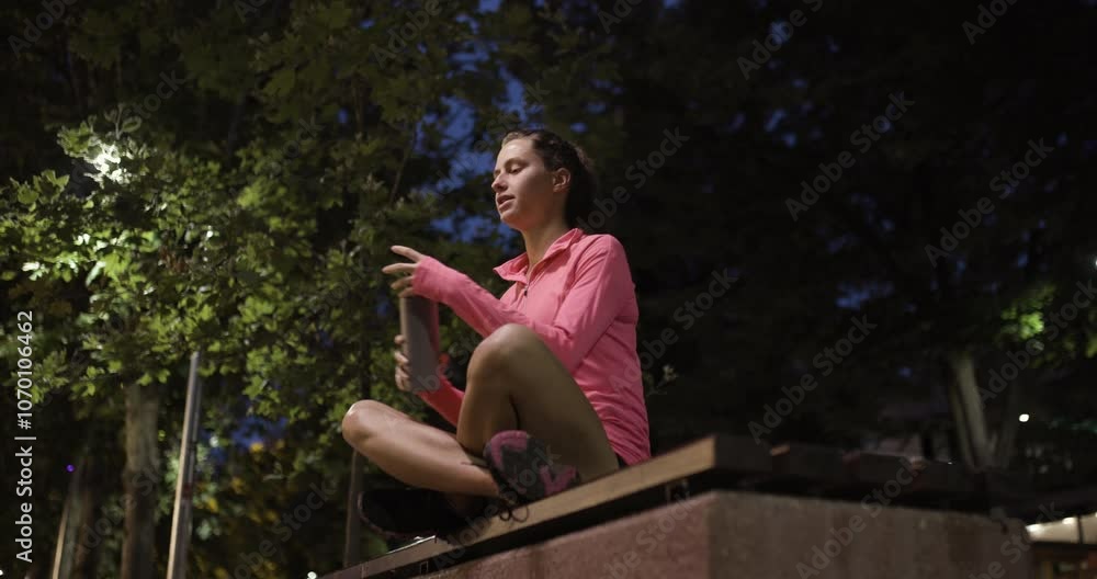 Female runner sitting on a bench taking a break with a water bottle during a night run in a peaceful park environment Female runner sitting on a bench taking a break with a water bottle during a night run in a peaceful park environment