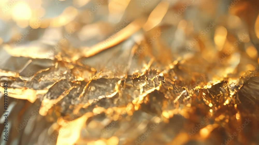 Close-up of golden foil with intricate wrinkles and reflections of warm light, creating a luxurious and glowing abstract background. Close-up of golden foil with intricate wrinkles and reflections of warm light, creating a luxurious and glowing abstract background.