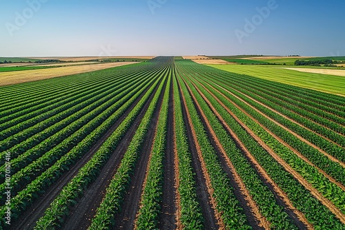 Lush green farmland under clear blue sky showcasing sustainability and agriculture