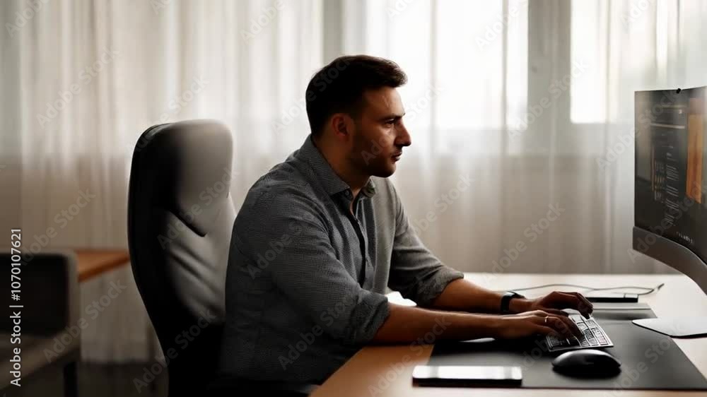 Man sitting in chair, focused on computer screen in a professional office setting. Man sitting in chair, focused on computer screen in a professional office setting.