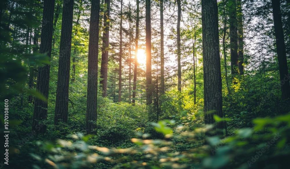 Obraz premium Beautiful forest landscape with tall trees and lush foliage. The scene is bathed in soft, natural light filtering through the leaves of towering trees, creating an enchanting atmosphere