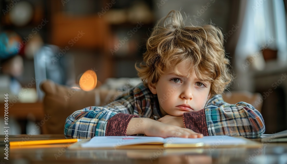 Sad tired child doing his homework. Sad tired child doing his homework.