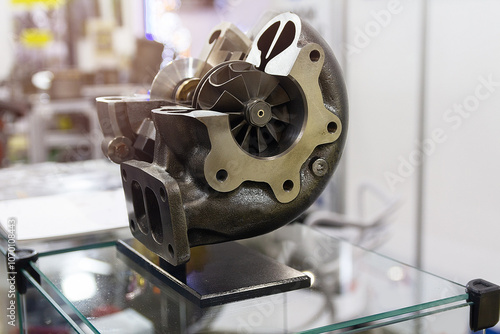 Demonstration of the design of an engine turbine at a stand photo