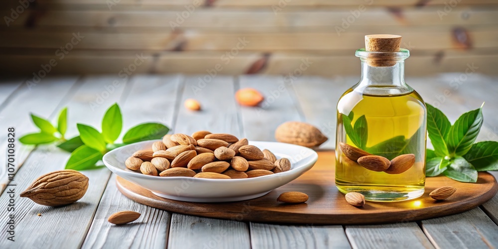 Bottle of Organic Almond Oil with Almond Seeds on a Plate, Showcasing Natural Ingredients for Healthy Cooking, Wellness, and Beauty Applications, Ideal for Creative Food Photography Bottle of Organic Almond Oil with Almond Seeds on a Plate, Showcasing Natural Ingredients for Healthy Cooking, Wellness, and Beauty Applications, Ideal for Creative Food Photography