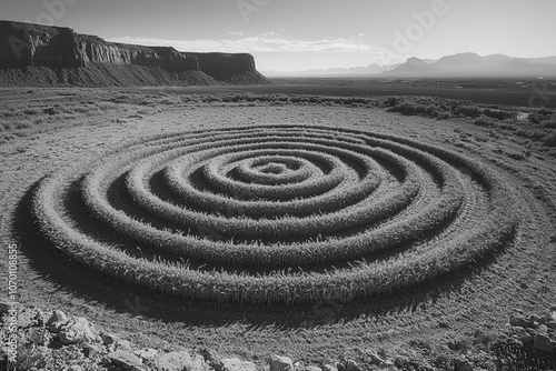 Monochrome spiral crop circle in desert landscape with cliffs photo