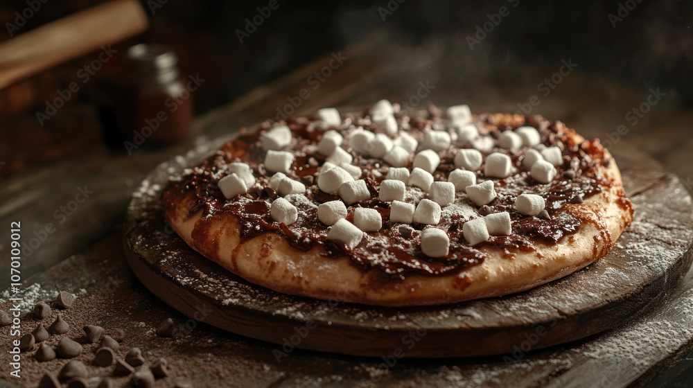 Indulgent chocolate marshmallow dessert pizza on rustic wooden board Indulgent chocolate marshmallow dessert pizza on rustic wooden board