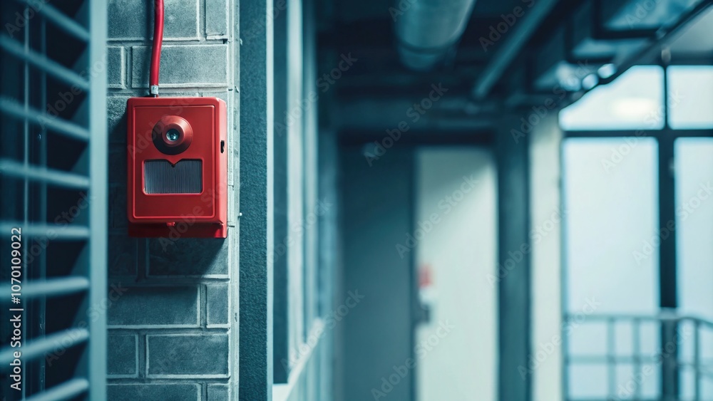 Red Fire Alarm on Wall in Modern Building Corridor Red Fire Alarm on Wall in Modern Building Corridor