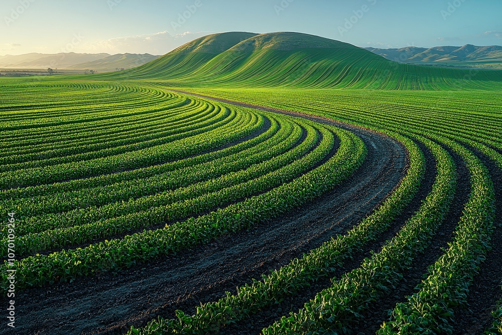 Vibrant green fields with rolling hills in serene landscape Vibrant green fields with rolling hills in serene landscape