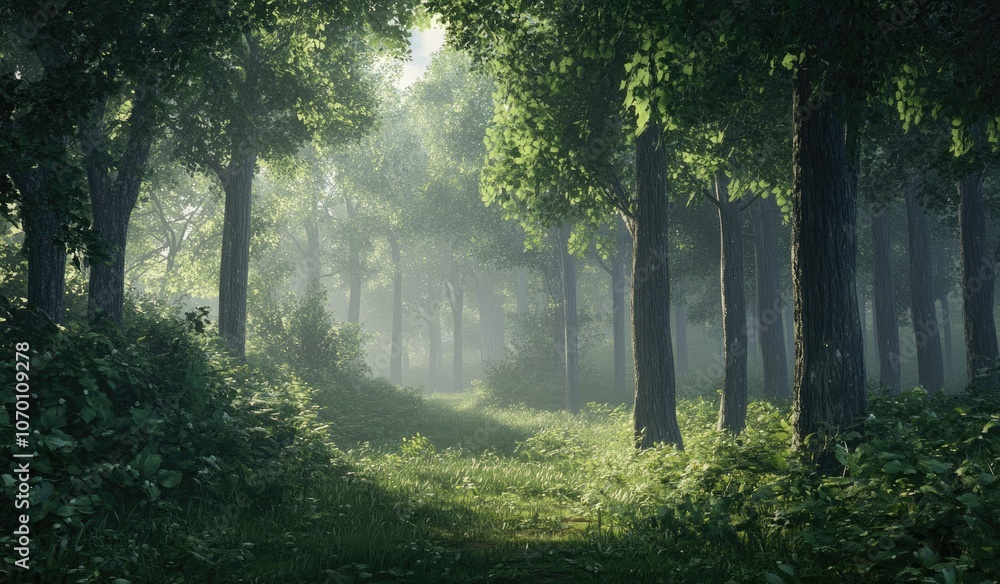 Obraz premium Beautiful forest landscape with tall trees and lush foliage. The scene is bathed in soft, natural light filtering through the leaves of towering trees, creating an enchanting atmosphere