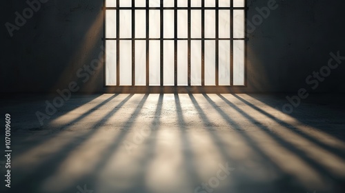 Light Streaks through Window Bars in Concrete Room