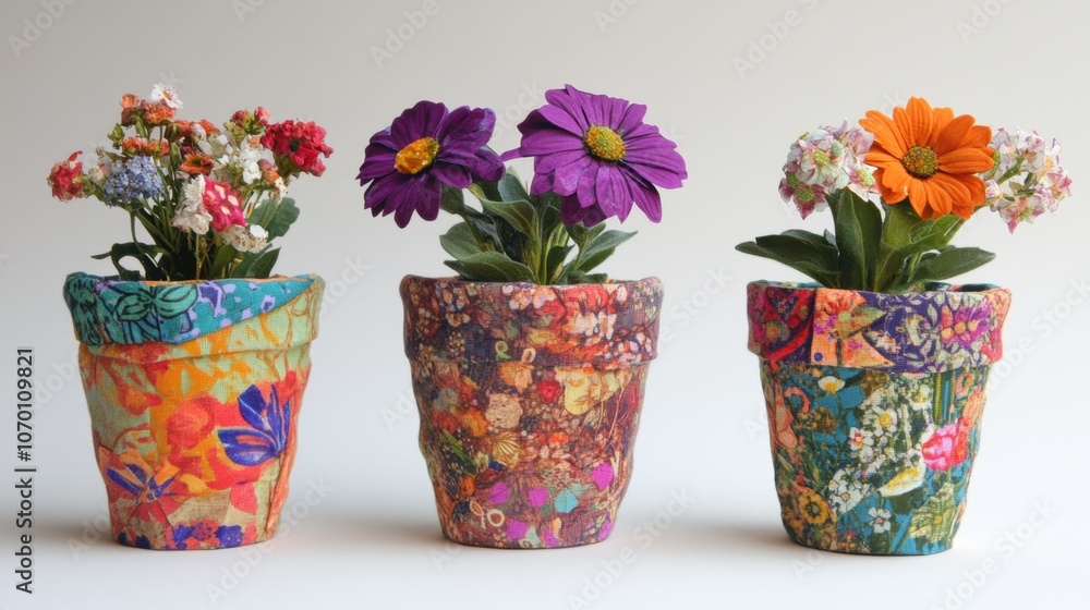 Vibrant Flowers in Decorative Pots on White Background. Fabric Decorated Flowerpots Vibrant Flowers in Decorative Pots on White Background. Fabric Decorated Flowerpots
