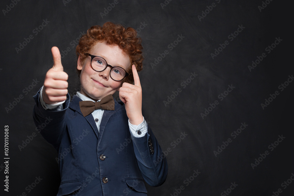 Clever school kid young boy in glasses showing thumb up on black background with copy space Clever school kid young boy in glasses showing thumb up on black background with copy space