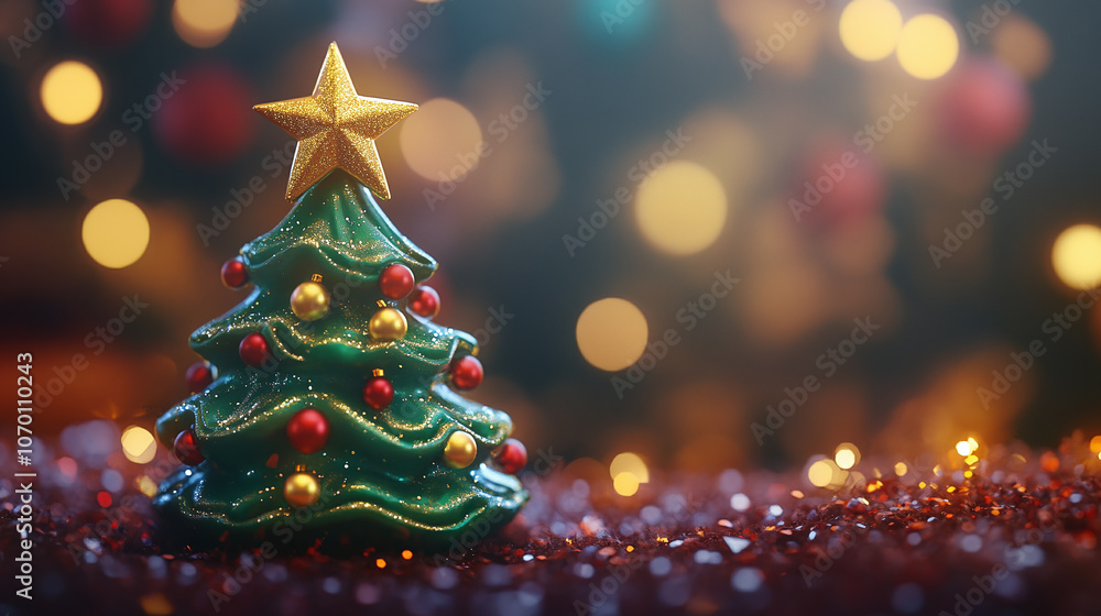 estive miniature Christmas tree with a gold star topper and colorful ornaments, set against a bokeh background of warm lights, creating a holiday atmosphere. estive miniature Christmas tree with a gold star topper and colorful ornaments, set against a bokeh background of warm lights, creating a holiday atmosphere.