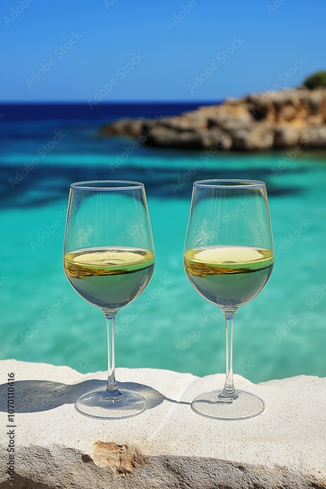 Two wine glasses are sitting on a ledge overlooking the ocean. The glasses are filled with white wine and the ocean is a beautiful blue color. Concept of relaxation and leisure Two wine glasses are sitting on a ledge overlooking the ocean. The glasses are filled with white wine and the ocean is a beautiful blue color. Concept of relaxation and leisure
