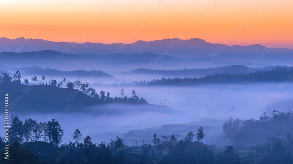 Fototapeta premium A picturesque sunrise paints the sky with vibrant hues as a thick blanket of fog rolls across a valley, shrouding the distant mountains in mystery.