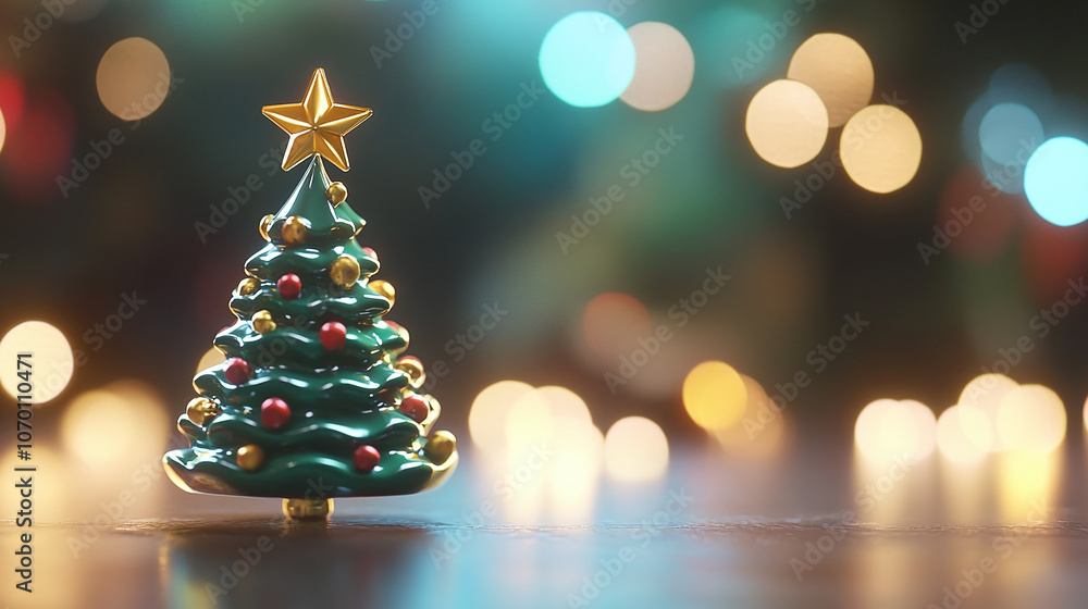 estive miniature Christmas tree with a gold star topper and colorful ornaments, set against a bokeh background of warm lights, creating a holiday atmosphere.