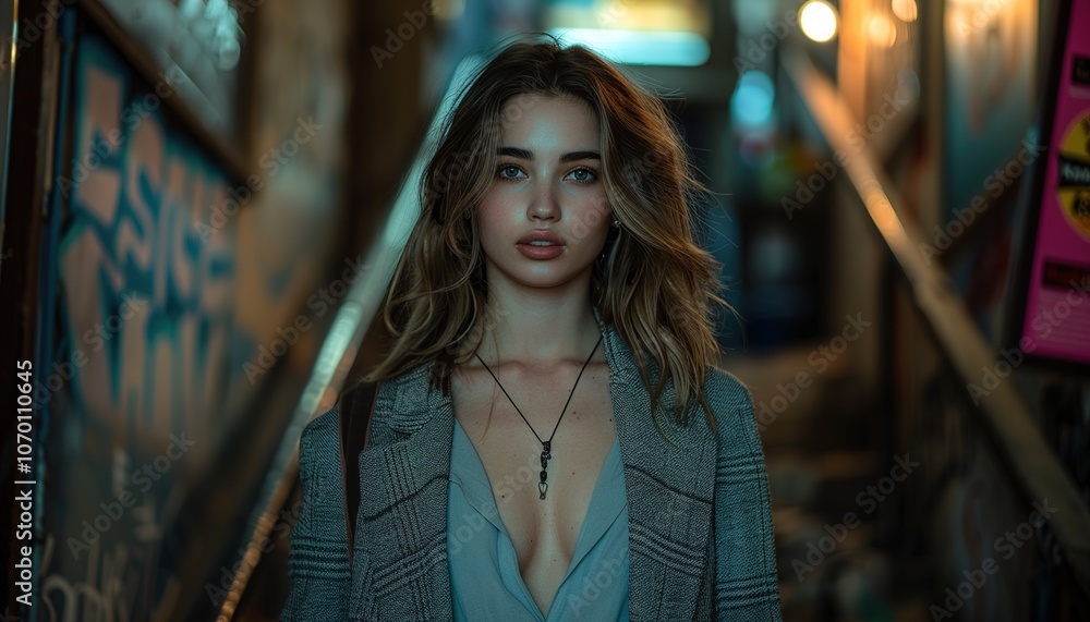 Fototapeta premium young woman walking up the stairs in a dark room 