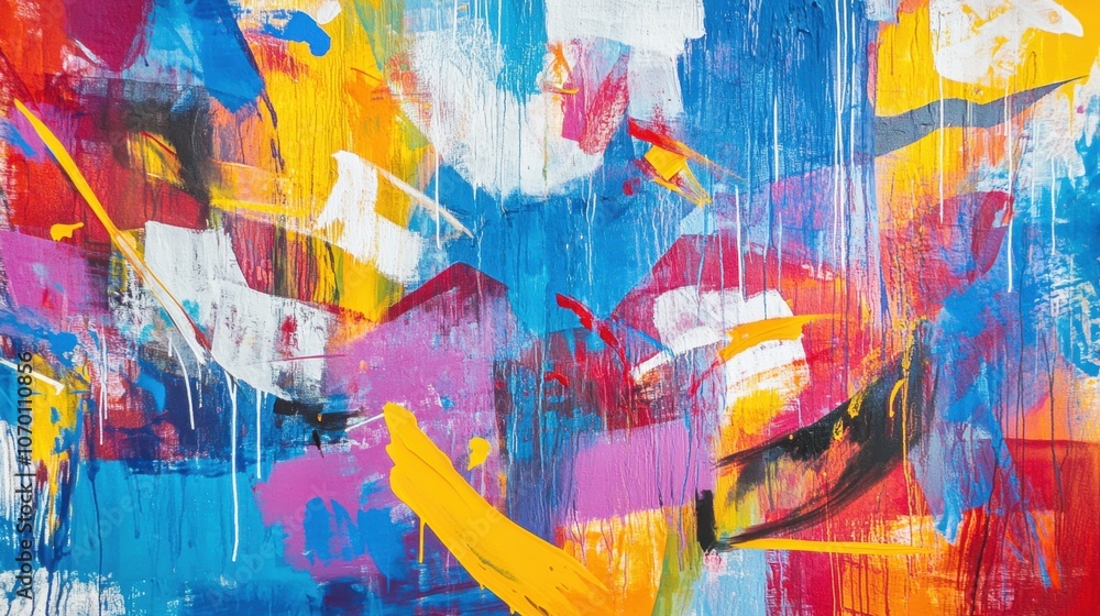 Vivid Abstract Artwork with Blue, Yellow, Red Textured Paint Strokes Vivid Abstract Artwork with Blue, Yellow, Red Textured Paint Strokes