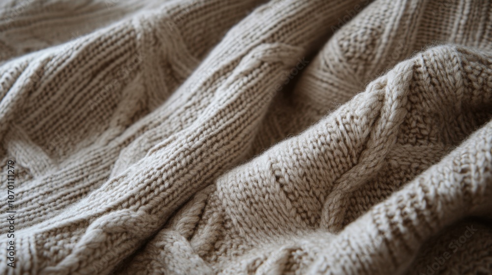 Cozy Knitted Blanket on Wicker Basket in Living Room. Alpaca Basketweave Throw Cozy Knitted Blanket on Wicker Basket in Living Room. Alpaca Basketweave Throw