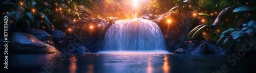 Enchanting rainbow sparkles dance in the mist of a breathtaking waterfall.