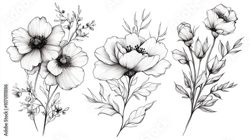Hand-Drawn Floral Illustration Featuring Blooms and Foliage